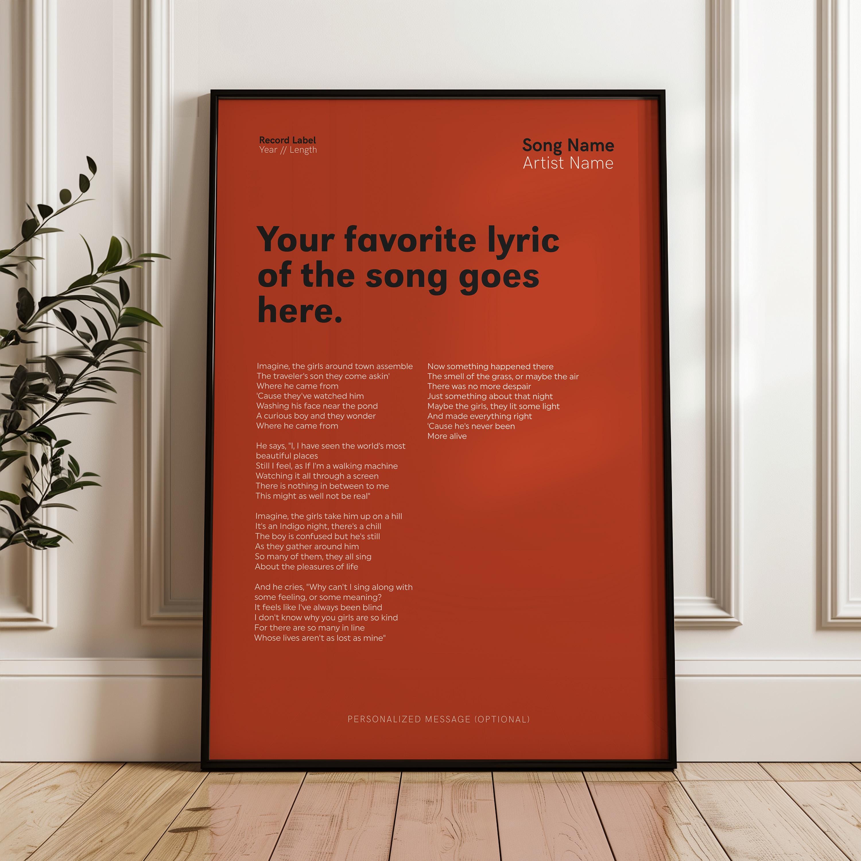Song Lyrics Poster Custom Song Lyrics Print Digital Download Custom 