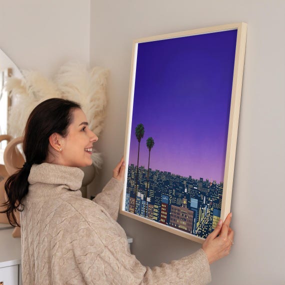 City Skyline With Palm Trees, Japanese City Pop, Digital Poster