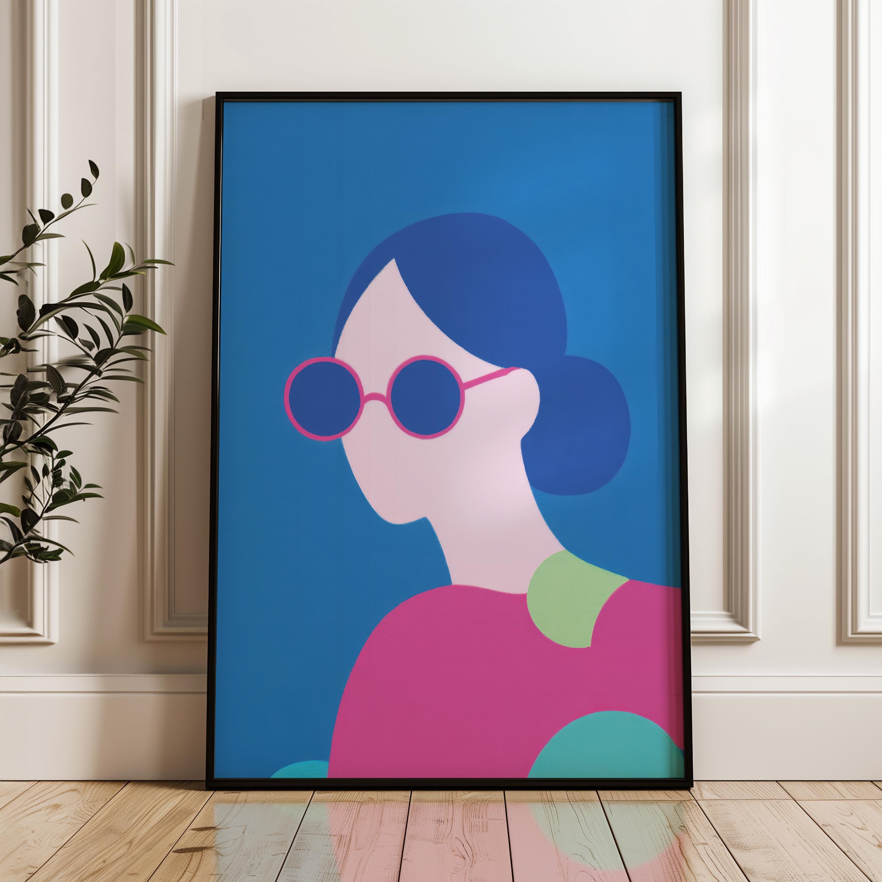 Minimal Woman Art Print, Modern Pop Art Poster, Blue and Pink Wall