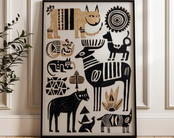 Traditional Mexican Animals Poster - Black and Gold Folk Art Print, Digital Download