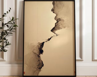 May include: Abstract art print in a black frame. The artwork features a beige background with a dark, textured, vertical design resembling a crack or fissure. The print is displayed against a white wall and wooden floor.