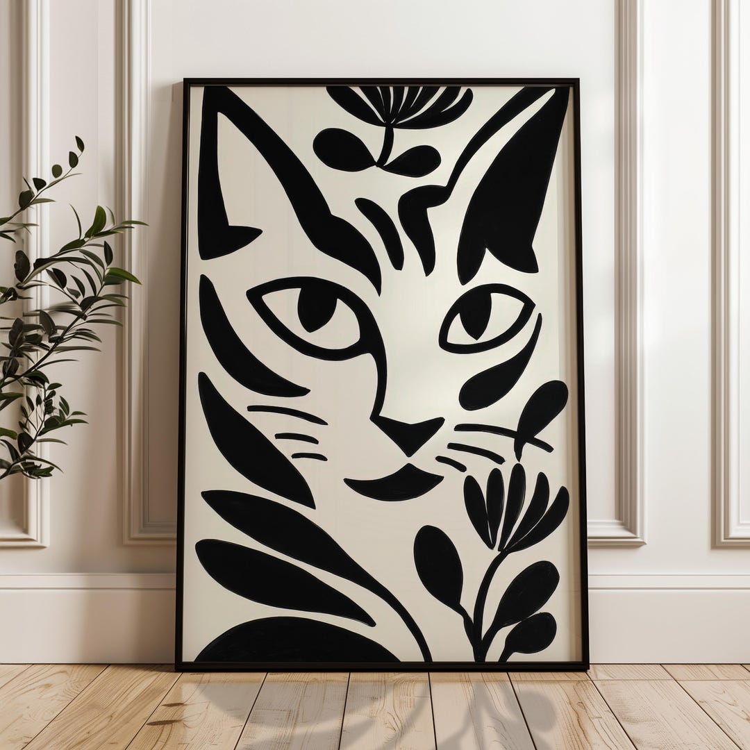 Minimalist Cat Poster, Black and Beige Print, Modern Organic Wall Art ...
