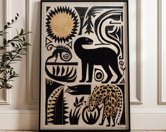 Traditional Mexican Animals Poster - Black and Gold Folk Art Print, Digital Download