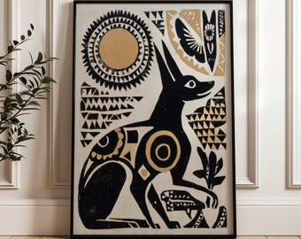 Traditional Mexican Dog Poster - Black and Gold Folk Art Print, Digital Download