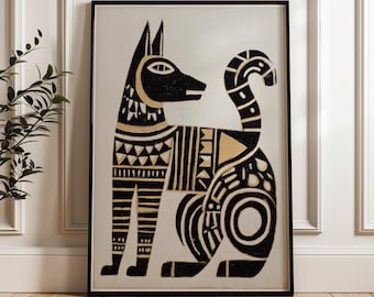 Traditional Mexican Dog Poster - Black and Gold Folk Art Print, Geometric Abstract, Digital Download