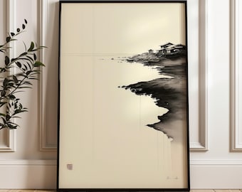Puede incluir: Impresión artística en blanco y negro enmarcada de un paisaje. La obra representa una escena costera con un pequeño pueblo en una orilla rocosa. La impresión tiene una estética minimalista de inspiración japonesa.