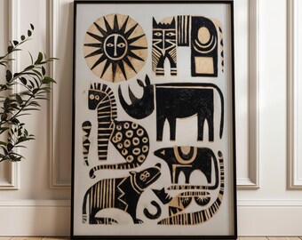 Traditional Mexican Animals Poster - Black and Gold Folk Art Print, Digital Download
