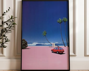 Retro Red Car and Surfboards, Hiroshi Nagai Wall Art Print