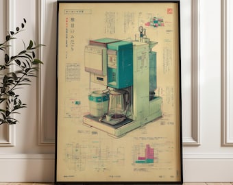 Coffee Machine Blueprint, Vintage Schematic, Digital Poster Download
