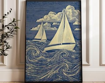 Sailboats On Waves, Vintage Nautical, Digital Poster Download