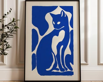 Blue Silhouette Cat, Minimalist Modern, Digital Poster Download