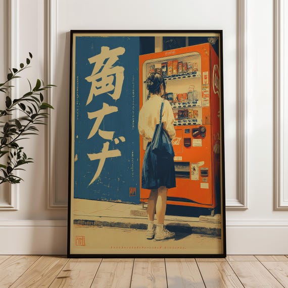 Young Woman at Vending Machine, Retro Japanese Style, Digital