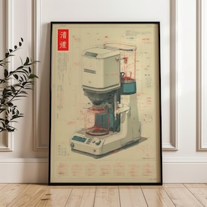 May include: Framed print showing a detailed diagram of a coffee maker, in a vintage style. The design includes red and blue lines, with Japanese text in the upper left corner. The coffee maker is depicted in a technical drawing style.