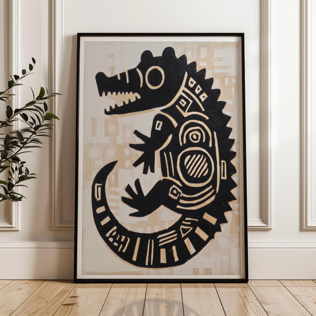 Traditional Mexican Crocodile Poster - Black and Gold Folk Art
