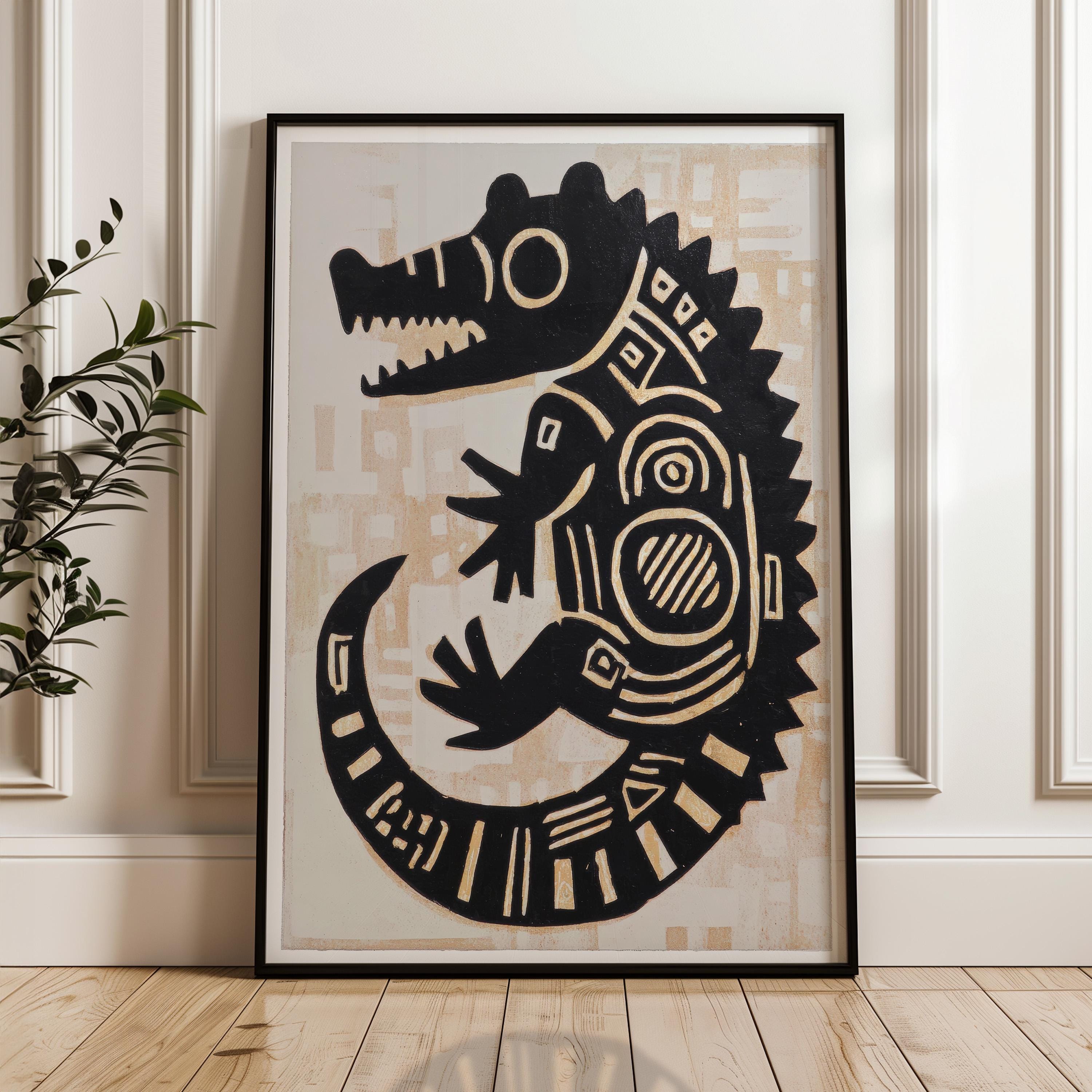 Traditional Mexican Crocodile Poster - Black and Gold Folk Art