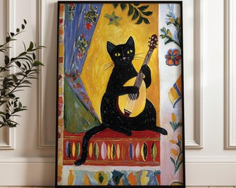 May include: A black cat playing a mandolin, painted in a colorful, whimsical style. The cat is sitting on a patterned rug with a yellow background. The painting is framed in black.