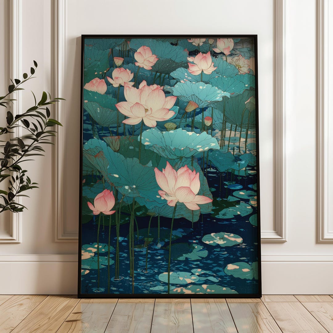 Japanese Lotus Flower Poster, Vintage Japan Art Print, Oriental Wall ...