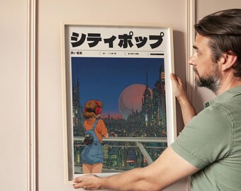 90s Vaporwave Anime Poster, Retro Japanese City Pop Art (digital