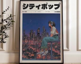 May include: A framed art print featuring a cityscape at night with a person wearing headphones. The print has Japanese text at the top. The person is sitting on a railing, looking at the city lights. The color palette includes blues, oranges, and blacks.