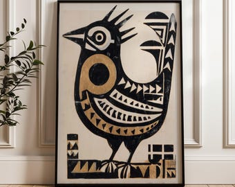 Traditional Mexican Bird Poster - Black and Gold Folk Art Print, Digital Download