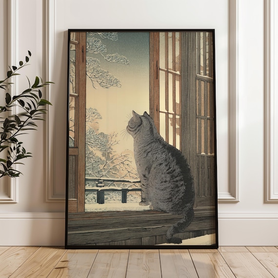 Japanese Cat Poster, Vintage Japan Art Print, Oriental Wall Art