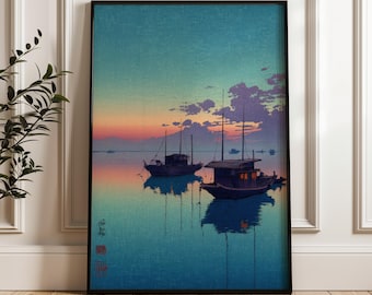 Fishing Boats At Sunset, Japanese Woodblock, Digital Poster Download