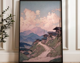 Paisaje de pueblo de montaña, estilo japonés vintage, póster digital descargable