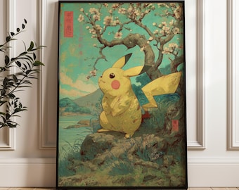 ピカチュウ、ポケモンポスター、日本のタペストリースタイル、富士山