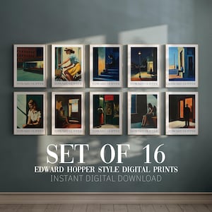 Set von 16 Edward Hopper Style Poster Bundle, amerikanischer Realismus Bundle, digitaler Download, Edward Hopper Ausstellungsplakat, Midcentury Modernismus