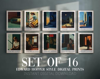 Set van 16 posterbundels in Edward Hopper-stijl, bundel Amerikaans realisme, digitale download, tentoonstellingsposter Edward Hopper, midcentury modernisme