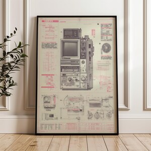 Puede incluir: Impresión enmarcada de un dispositivo electrónico vintage, probablemente una combinación de televisión, radio y reproductor de casetes. El diseño es un plano técnico con líneas y texto rojos y negros sobre un fondo beige. El marco es negro.