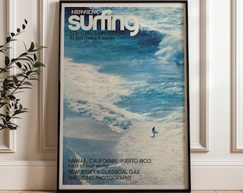 Surfing Ocean Waves, Retro Coastal, Digital Poster Download