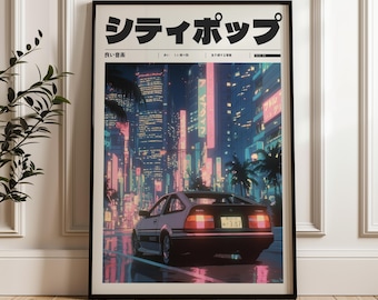 Paisaje urbano de neón japonés de coche retro, póster Y2K, descarga de póster digital