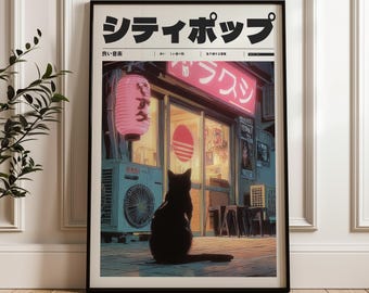 Zwarte kat zit bij Japanse neonwinkel, Y2k-poster, digitale posterdownload