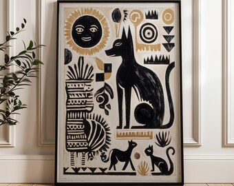 Traditional Mexican Animals Poster - Black and Gold Folk Art Print, Digital Download