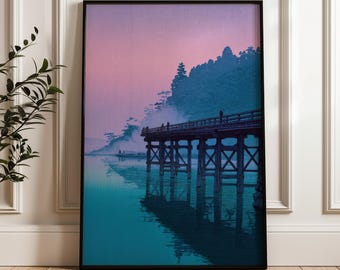 Japanese Bridge Landscape, Vintage Style, Digital Poster Download