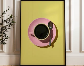 Pink Coffee Cup Wall Print - Bright Yellow Background, Digital Download