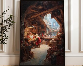 Santa Claus Workshop, Vintage Holiday, Digital Poster Download