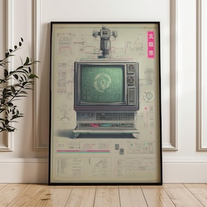 Peut inclure: Impression encadrée d'un téléviseur rétro avec un écran vert affichant un graphique circulaire. L'œuvre comprend des schémas techniques et du texte japonais dans un encadré rose. La palette de couleurs est discrète, avec des accents beiges, gris et roses.