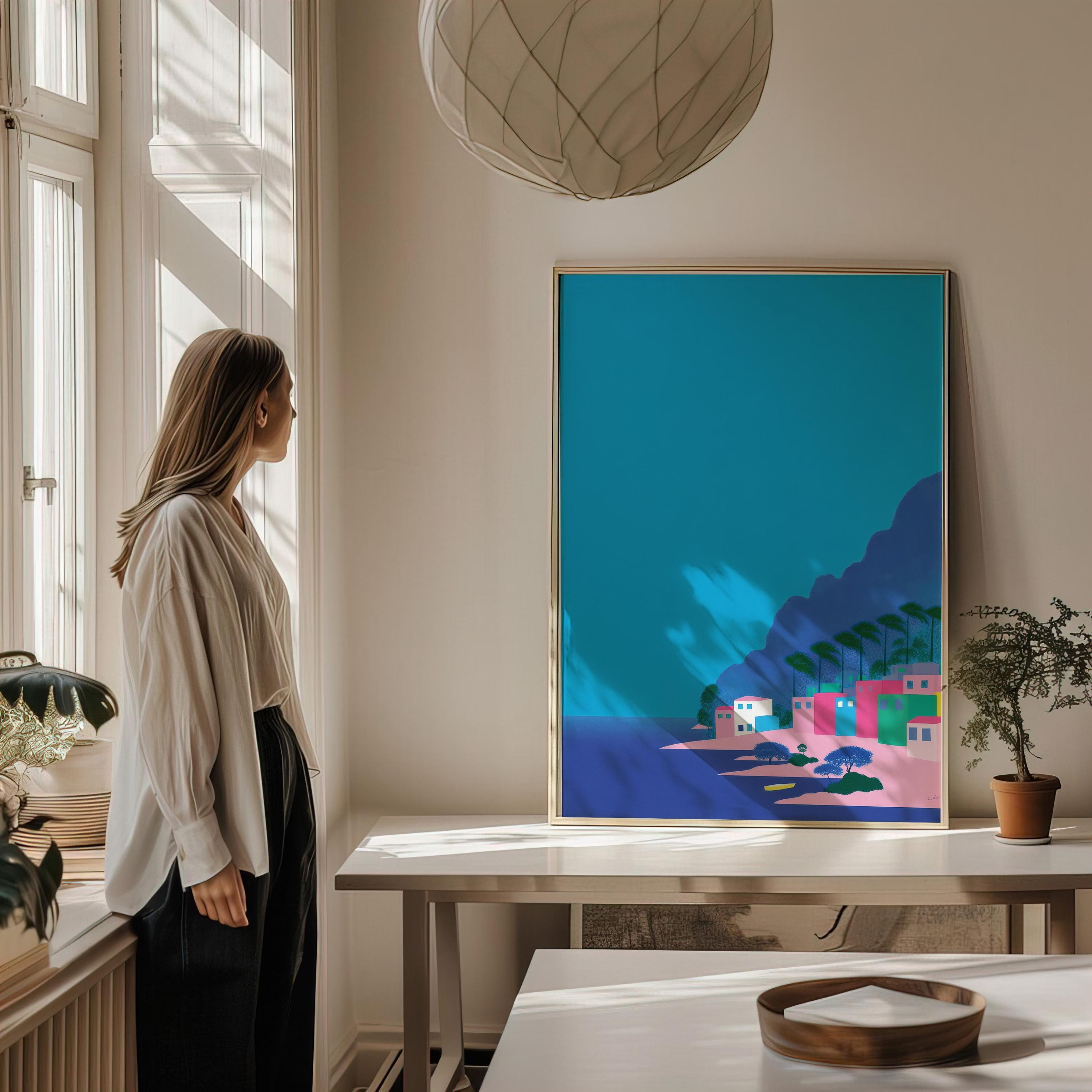 Minimal Coastal Art Print, Modern Landscape Pop Art Poster, Blue