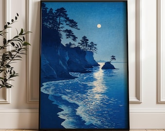 Paisaje costero iluminado por la luna, estilo japonés, póster digital descargable