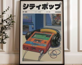 May include: Framed art print featuring a retro-style illustration. The artwork showcases a vintage orange handheld device with a green screen, black headphones, and Japanese text. The print is in a black frame, ideal for wall decor.