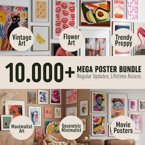 Peut inclure: Une collection d'impressions d'art encadrées de différents styles, notamment vintage, floral et affiches de films. L'image présente un grand ensemble de plus de 10 000 affiches avec des mises à jour régulières et un accès à vie. Les styles d'art incluent maximaliste et géométrique minimaliste.
