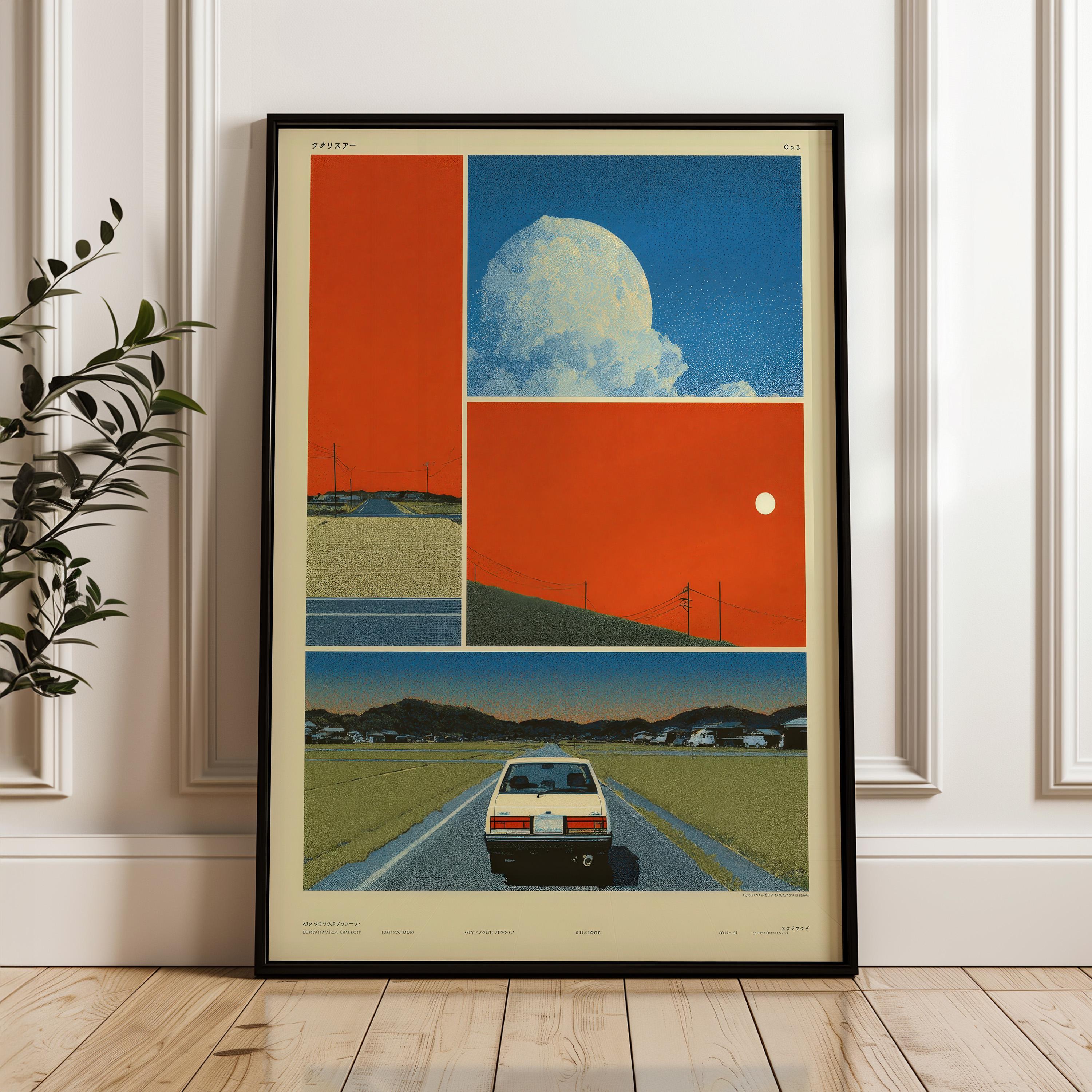 Retro Japanese Car Poster: Y2K Vaporwave Indie Art (digital