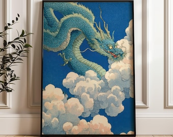 May include: A framed print featuring a blue dragon soaring through fluffy white and peach-colored clouds against a deep blue sky. The dragon has intricate details and a traditional Asian art style.