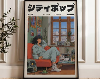 May include: Framed art print featuring an anime-style illustration of a person in a blue tracksuit relaxing on a red couch. The artwork has Japanese text at the top and depicts a room with a window, stereo, and other decor.