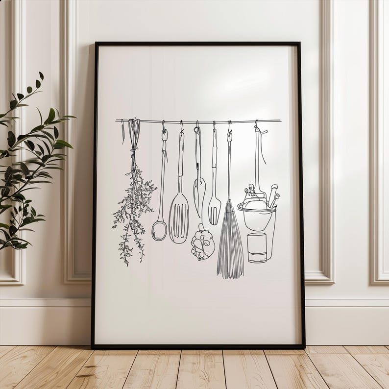 abstract kitchen art prints: modern line drawing set... Kitchen Line Art Poster, Minimalistic Kitchen Art Print, Black and ...