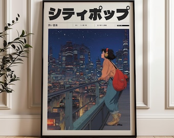 May include: Framed art print featuring a nighttime cityscape with a person wearing headphones and a backpack, leaning on a railing. The print has Japanese text at the top. The person is wearing an orange shirt, blue jeans, and tan boots. The background shows illuminated buildings.