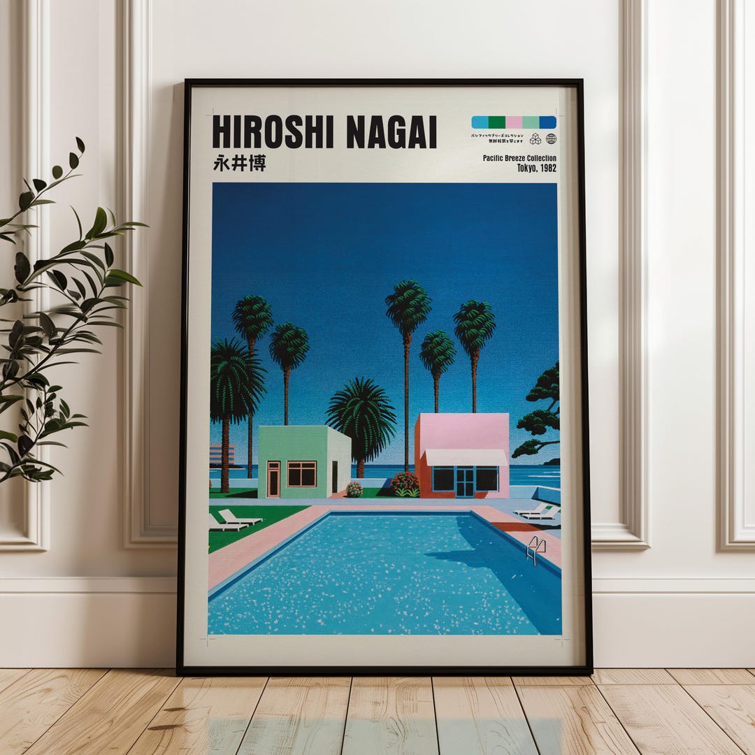 Hiroshi Nagai Art Print, Vaporwave Poolside Scene (digital