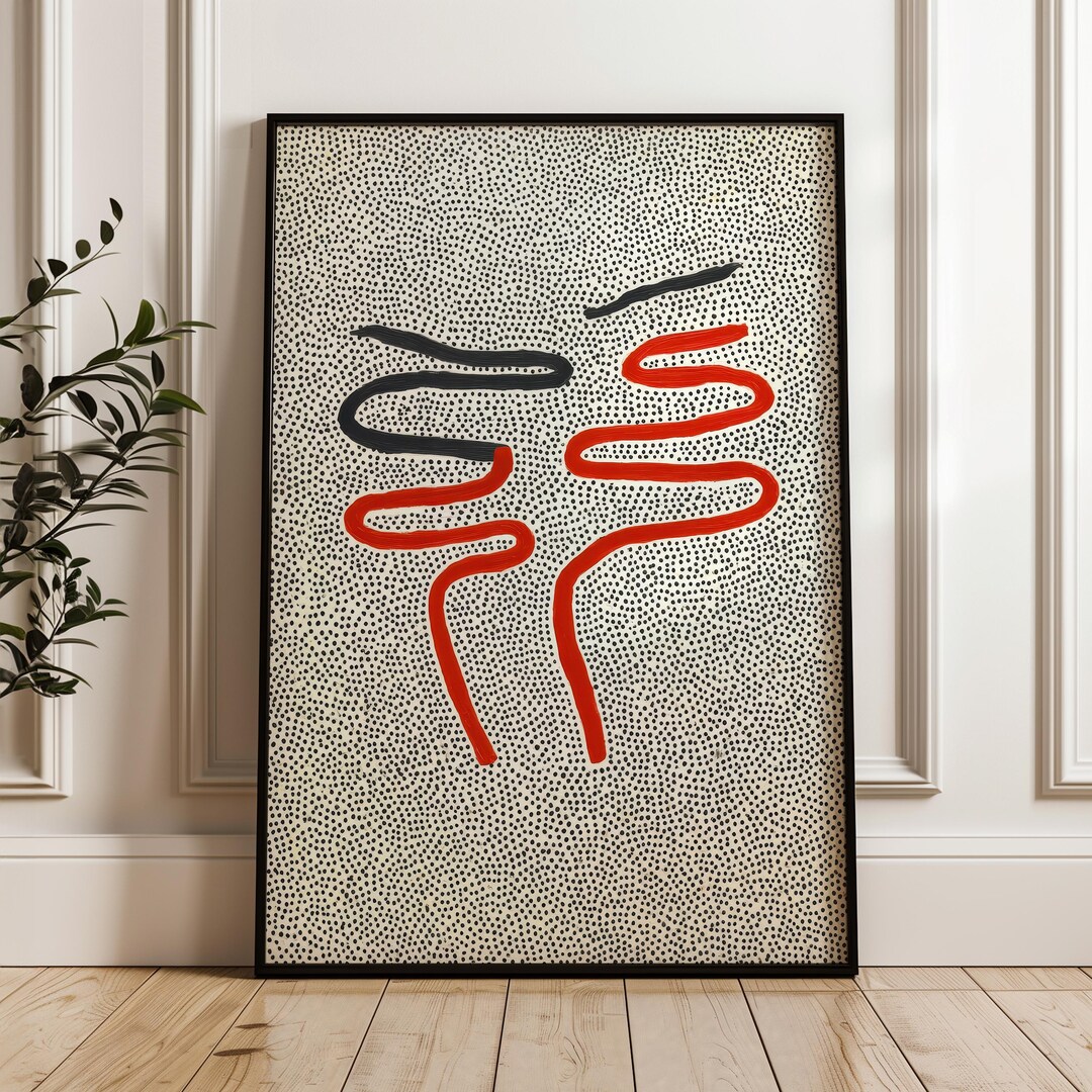 Abstract Red and Black Lines, Minimalist Dotted Pattern, Digital Poster ...